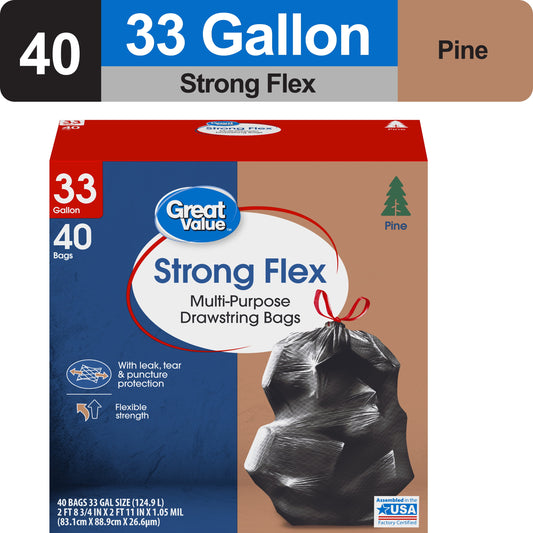33-Gallon Drawstring Strong Flex Multi-Purpose Trash Bags, Pine Scent, 40 Bags
