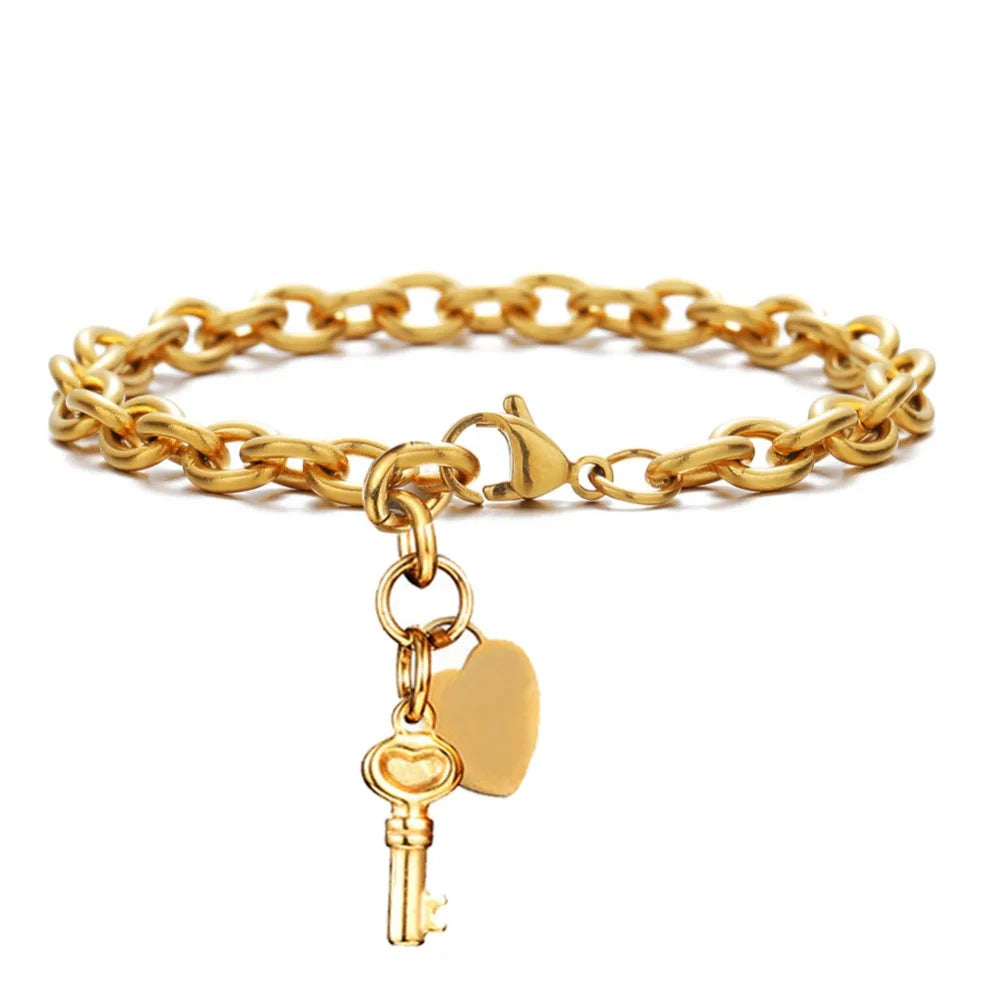 Trendy Stainless Steel Bracelets With Hearts Charm Bracelets New Fashion Key Jewelry Gifts
