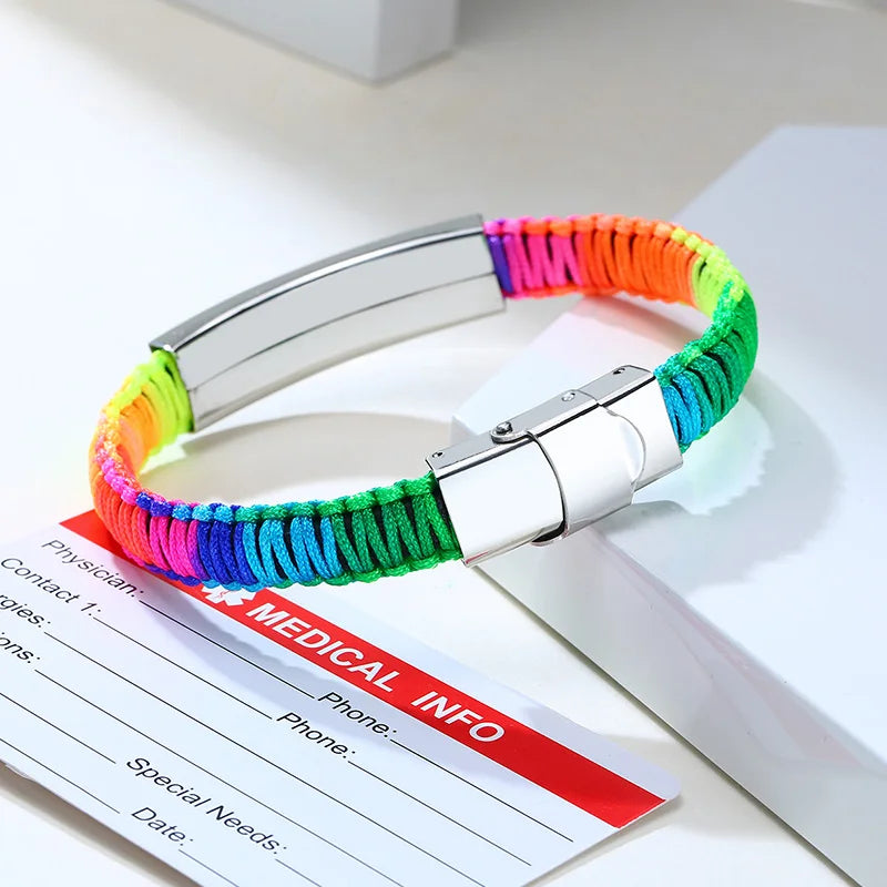Customized Engraving Medical Alert ID Bracelet Women Men Nylon Handmade Braided Awareness Bracelets Rainbow Black Optional