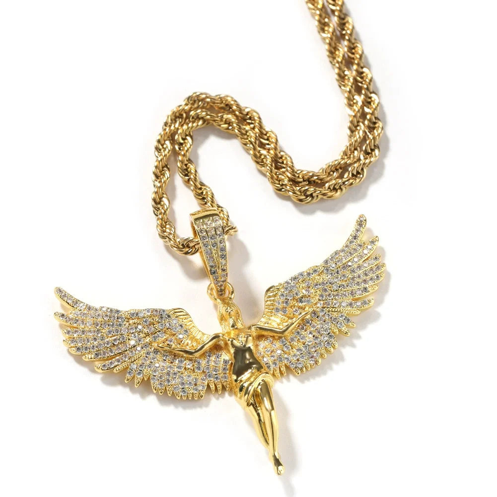 European and American Retro Unisex Style Gold Diamond Angel wings Male and Female Rap Hip Hop Necklace