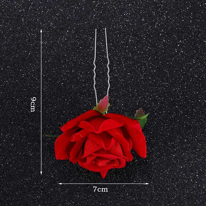U Shaped Red Hairpins Hair Clips Wedding Hair Accessories For Women Rose Flower Headpieces Forks Bride Headdress Hair Jewelry