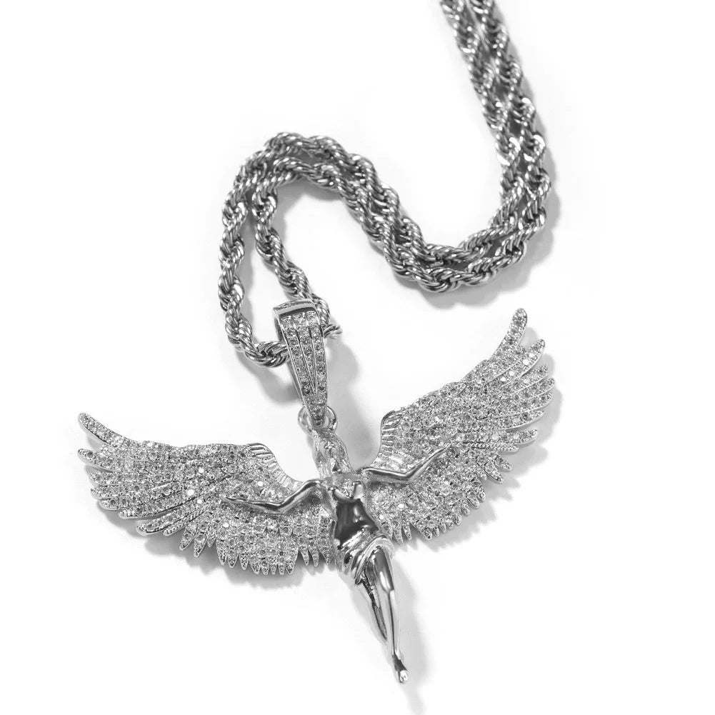 European and American Retro Unisex Style Gold Diamond Angel wings Male and Female Rap Hip Hop Necklace