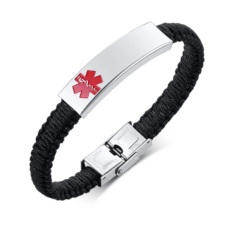 Customized Engraving Medical Alert ID Bracelet Women Men Nylon Handmade Braided Awareness Bracelets Rainbow Black Optional