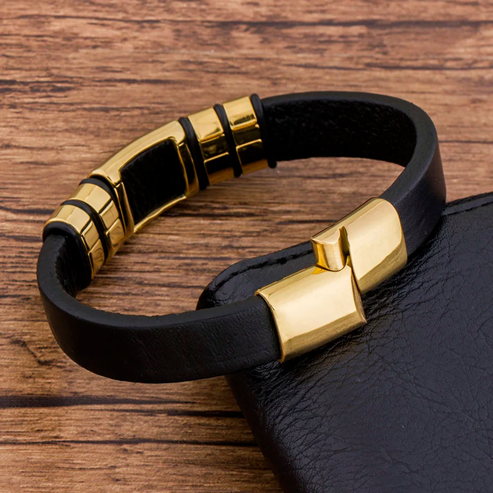 TYO Trendy Punk Rock Fashion Genuine Leather Bracelet Men Metal Stainless Steel Jewelry Magnetic Braided Vintage Dropshipping