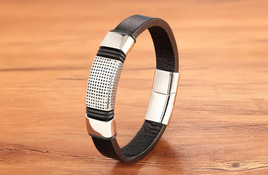 TYO Trendy Punk Rock Fashion Genuine Leather Bracelet Men Metal Stainless Steel Jewelry Magnetic Braided Vintage Dropshipping