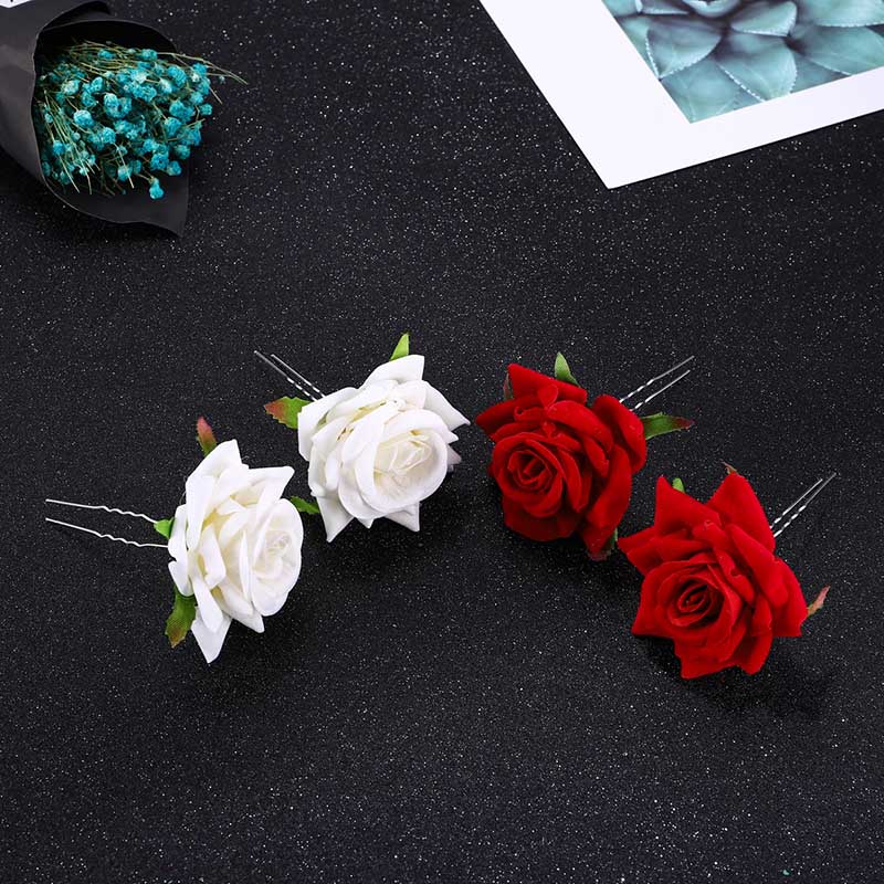 U Shaped Red Hairpins Hair Clips Wedding Hair Accessories For Women Rose Flower Headpieces Forks Bride Headdress Hair Jewelry
