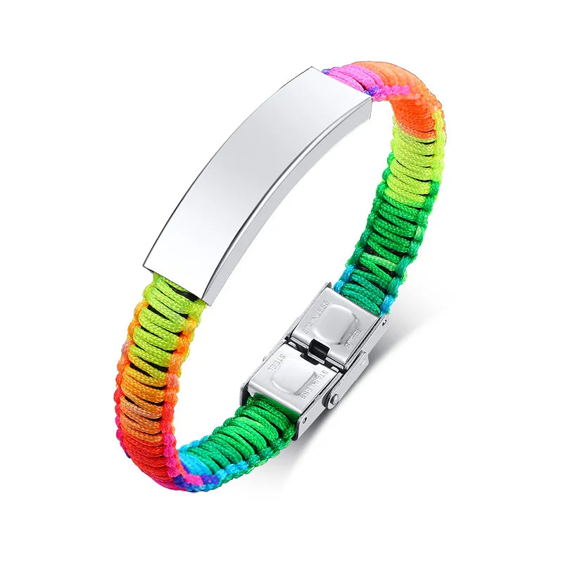 Customized Engraving Medical Alert ID Bracelet Women Men Nylon Handmade Braided Awareness Bracelets Rainbow Black Optional