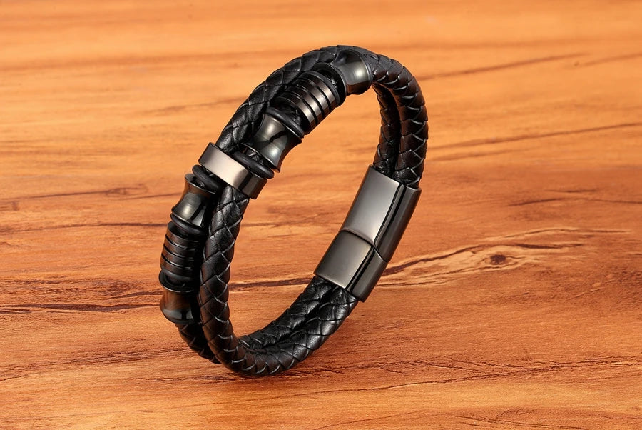 TYO Trendy Punk Rock Fashion Genuine Leather Bracelet Men Metal Stainless Steel Jewelry Magnetic Braided Vintage Dropshipping