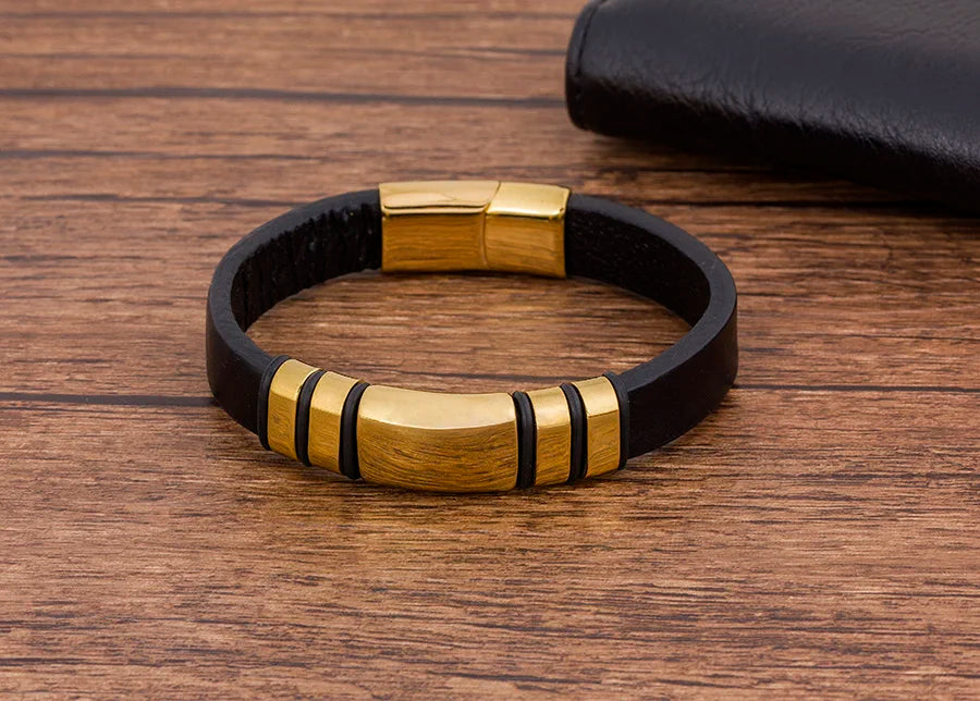 TYO Trendy Punk Rock Fashion Genuine Leather Bracelet Men Metal Stainless Steel Jewelry Magnetic Braided Vintage Dropshipping