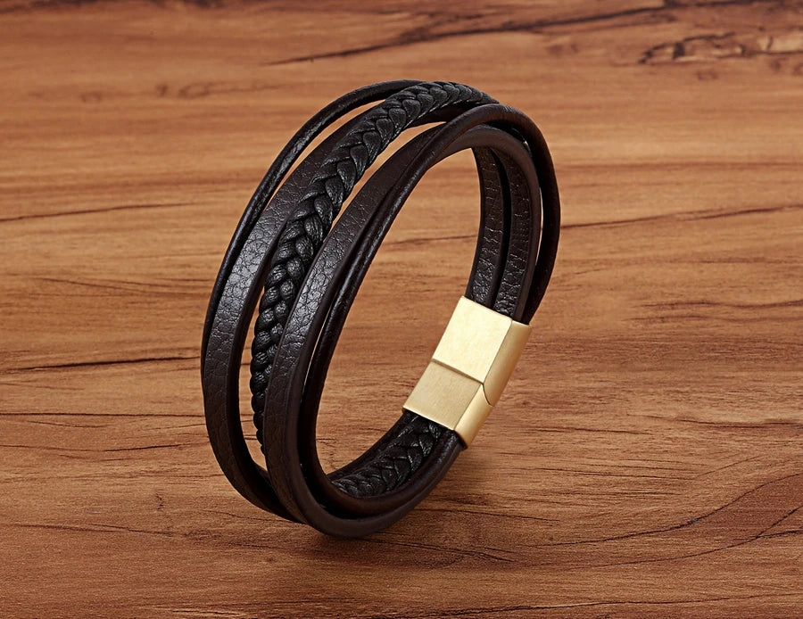 TYO Trendy Punk Rock Fashion Genuine Leather Bracelet Men Metal Stainless Steel Jewelry Magnetic Braided Vintage Dropshipping