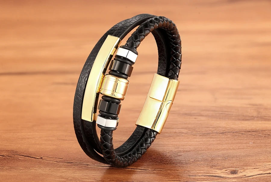 TYO Trendy Punk Rock Fashion Genuine Leather Bracelet Men Metal Stainless Steel Jewelry Magnetic Braided Vintage Dropshipping