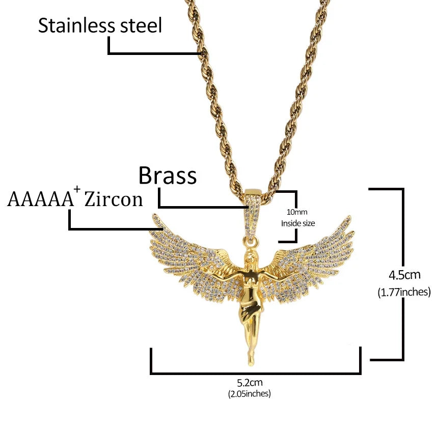 European and American Retro Unisex Style Gold Diamond Angel wings Male and Female Rap Hip Hop Necklace