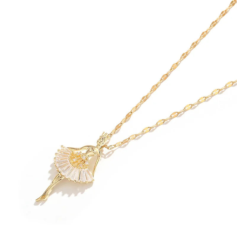 Sweet Elegant Ballerina Girl Crystal Zircon Pendant Necklaces For Women Korean Fashion Ladies Sexy Stainless Steel Jewelry Gift