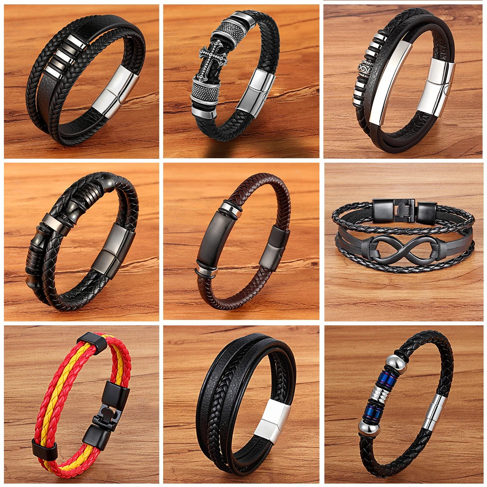 TYO Trendy Punk Rock Fashion Genuine Leather Bracelet Men Metal Stainless Steel Jewelry Magnetic Braided Vintage Dropshipping