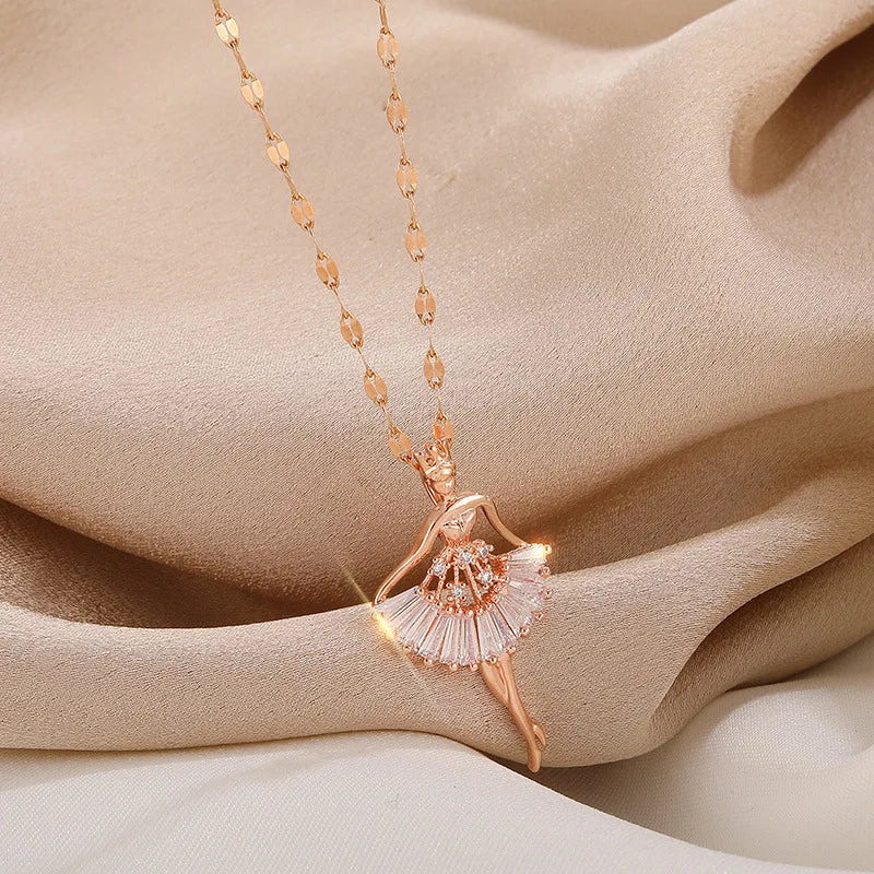 Sweet Zircon Crystal Pendant Necklace For Women Korean Fashion Stainless Steel Clavicle Chain Jewelry Female Wedding Accessories