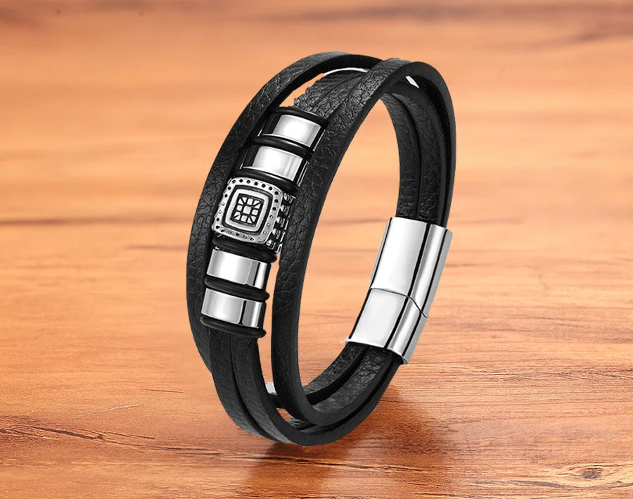 TYO Trendy Punk Rock Fashion Genuine Leather Bracelet Men Metal Stainless Steel Jewelry Magnetic Braided Vintage Dropshipping