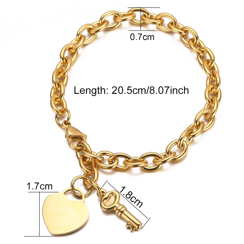 Trendy Stainless Steel Bracelets With Hearts Charm Bracelets New Fashion Key Jewelry Gifts
