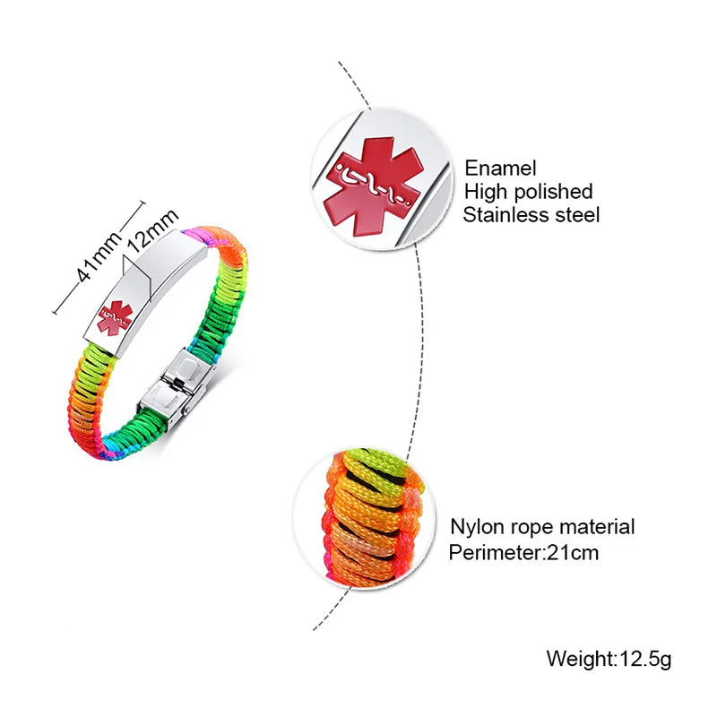 Customized Engraving Medical Alert ID Bracelet Women Men Nylon Handmade Braided Awareness Bracelets Rainbow Black Optional