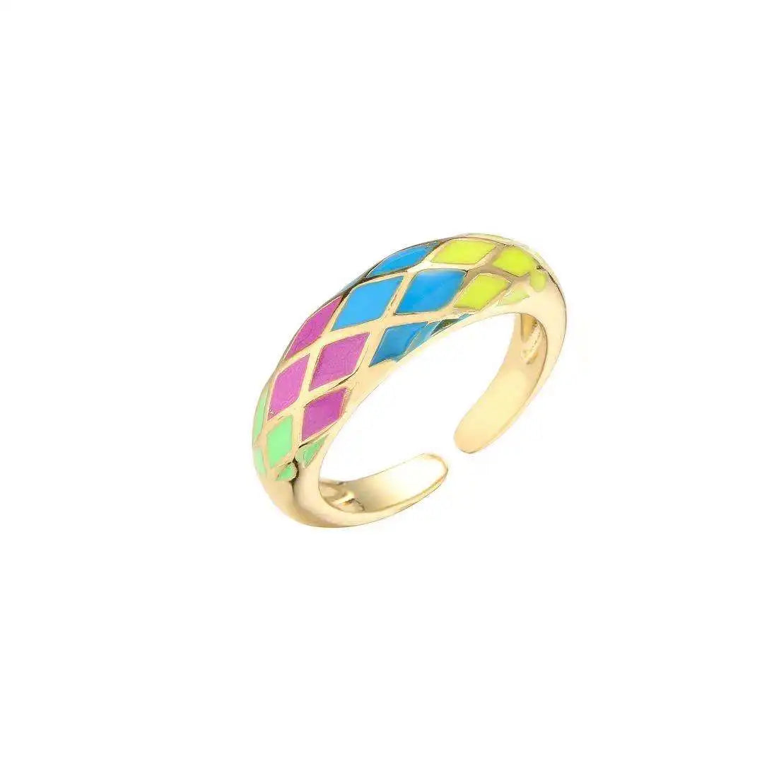Butterfly Rainbow Rings,Sweet Trendy Geometric Square Dripping Oil Ring for Women