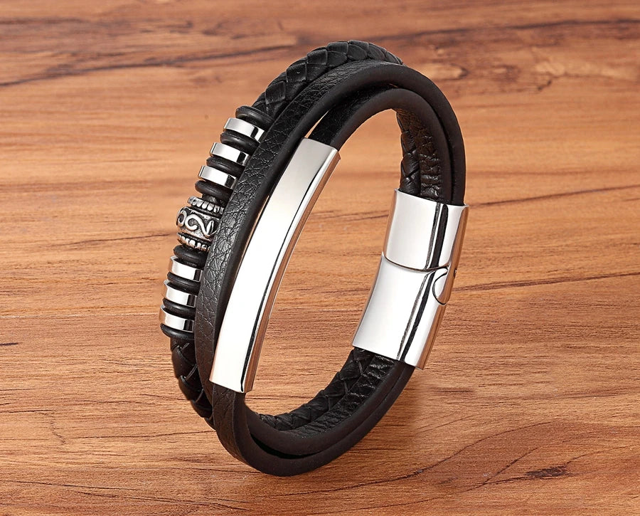 TYO Trendy Punk Rock Fashion Genuine Leather Bracelet Men Metal Stainless Steel Jewelry Magnetic Braided Vintage Dropshipping