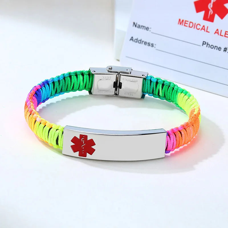 Customized Engraving Medical Alert ID Bracelet Women Men Nylon Handmade Braided Awareness Bracelets Rainbow Black Optional
