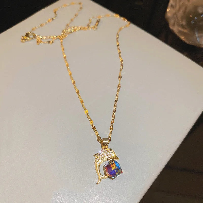 Sweet Zircon Crystal Pendant Necklace For Women Korean Fashion Stainless Steel Clavicle Chain Jewelry Female Wedding Accessories