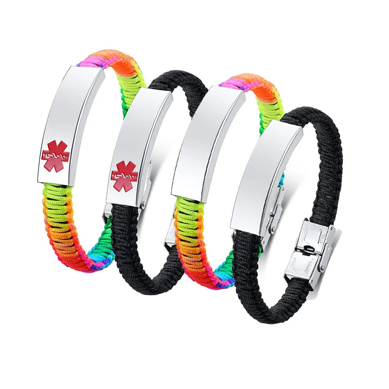 Customized Engraving Medical Alert ID Bracelet Women Men Nylon Handmade Braided Awareness Bracelets Rainbow Black Optional