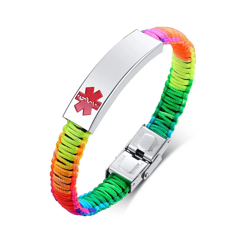 Customized Engraving Medical Alert ID Bracelet Women Men Nylon Handmade Braided Awareness Bracelets Rainbow Black Optional