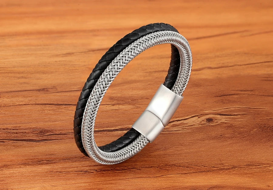 TYO Trendy Punk Rock Fashion Genuine Leather Bracelet Men Metal Stainless Steel Jewelry Magnetic Braided Vintage Dropshipping