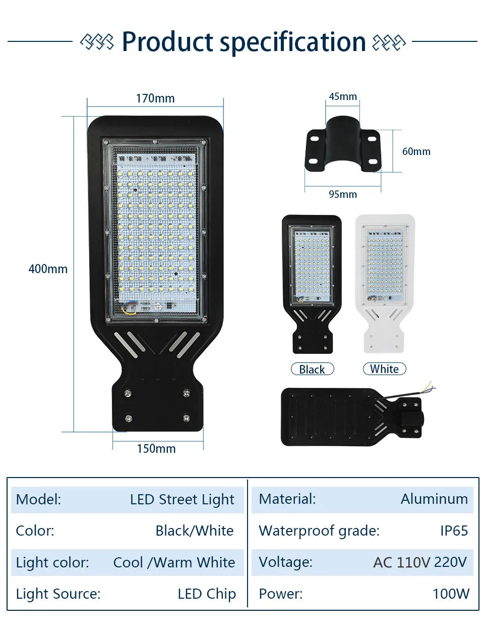 LED Street Lamp 100W AC 110V 220V 230V 240V Outdoor Floodlight Spotlight IP65 Waterproof Garden Road Street Pathway Pole Lights