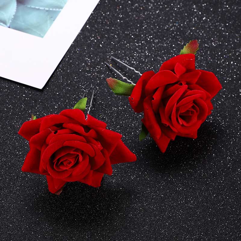 U Shaped Red Hairpins Hair Clips Wedding Hair Accessories For Women Rose Flower Headpieces Forks Bride Headdress Hair Jewelry