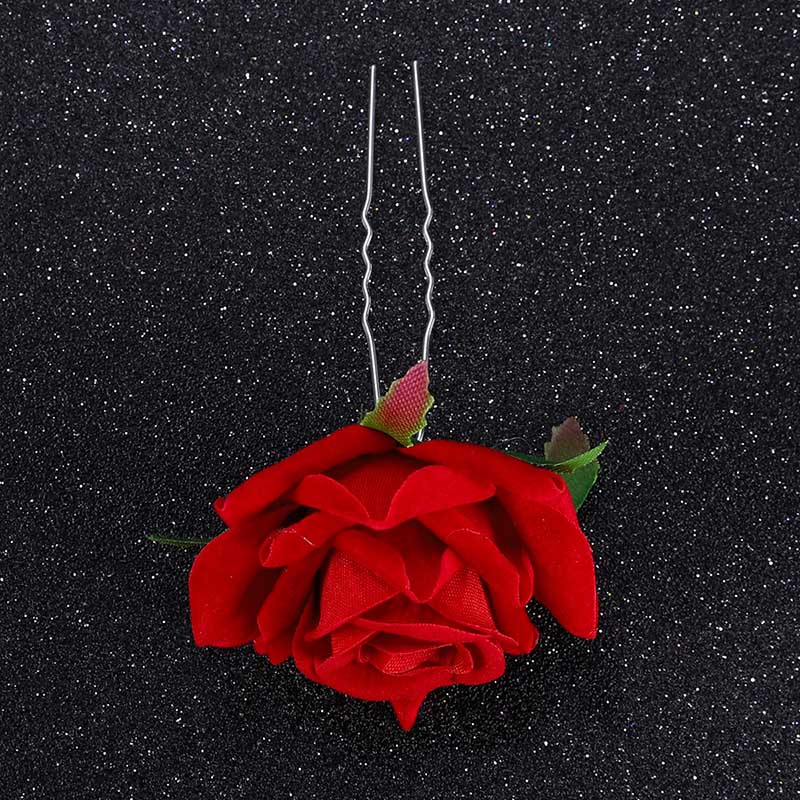 U Shaped Red Hairpins Hair Clips Wedding Hair Accessories For Women Rose Flower Headpieces Forks Bride Headdress Hair Jewelry