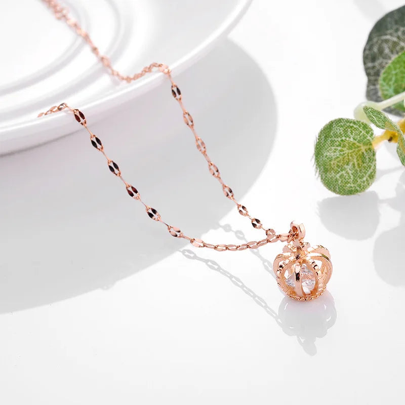 Sweet Zircon Crystal Pendant Necklace For Women Korean Fashion Stainless Steel Clavicle Chain Jewelry Female Wedding Accessories