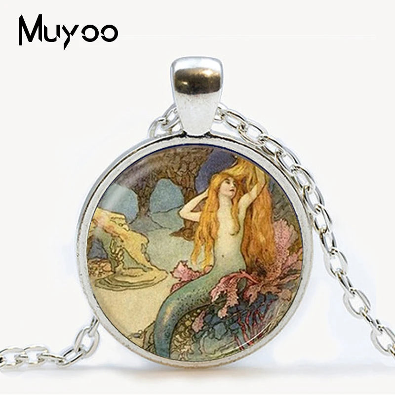 Fairy pendant necklace girl on bubble picture glass cabochon pendant necklace Mermaid Fashion chain neckless women jewelry