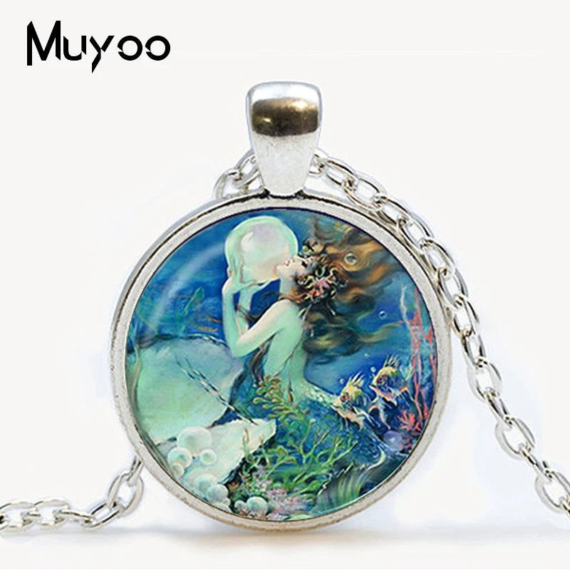 Fairy pendant necklace girl on bubble picture glass cabochon pendant necklace Mermaid Fashion chain neckless women jewelry