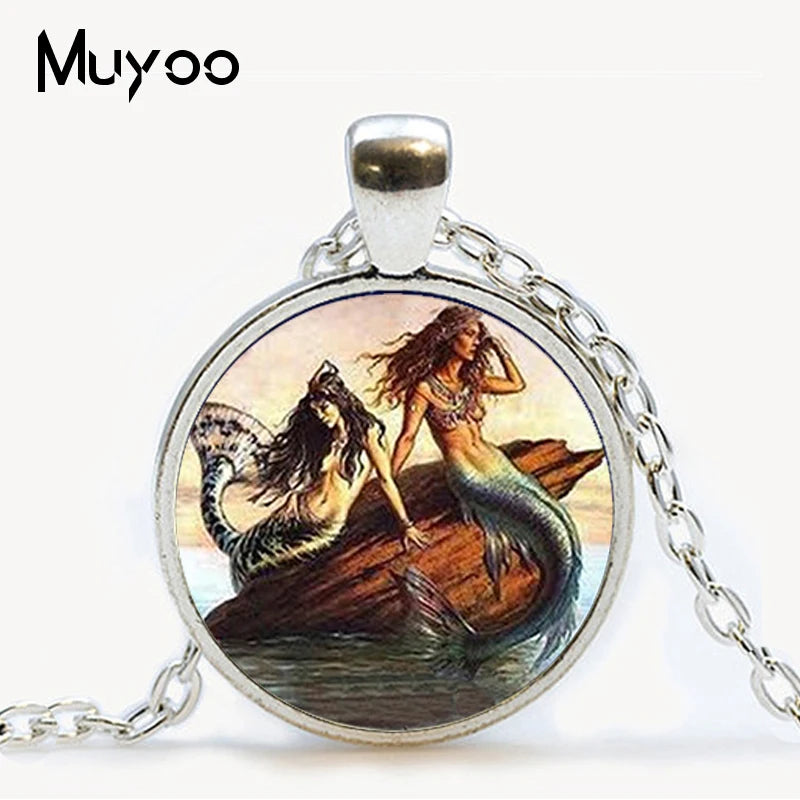 Fairy pendant necklace girl on bubble picture glass cabochon pendant necklace Mermaid Fashion chain neckless women jewelry