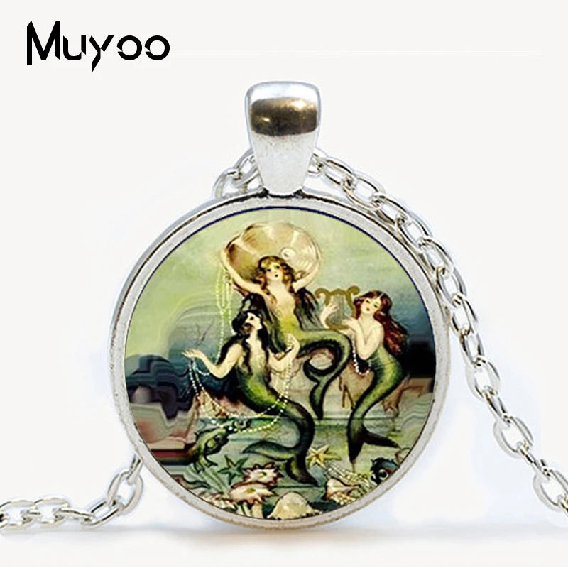 Fairy pendant necklace girl on bubble picture glass cabochon pendant necklace Mermaid Fashion chain neckless women jewelry