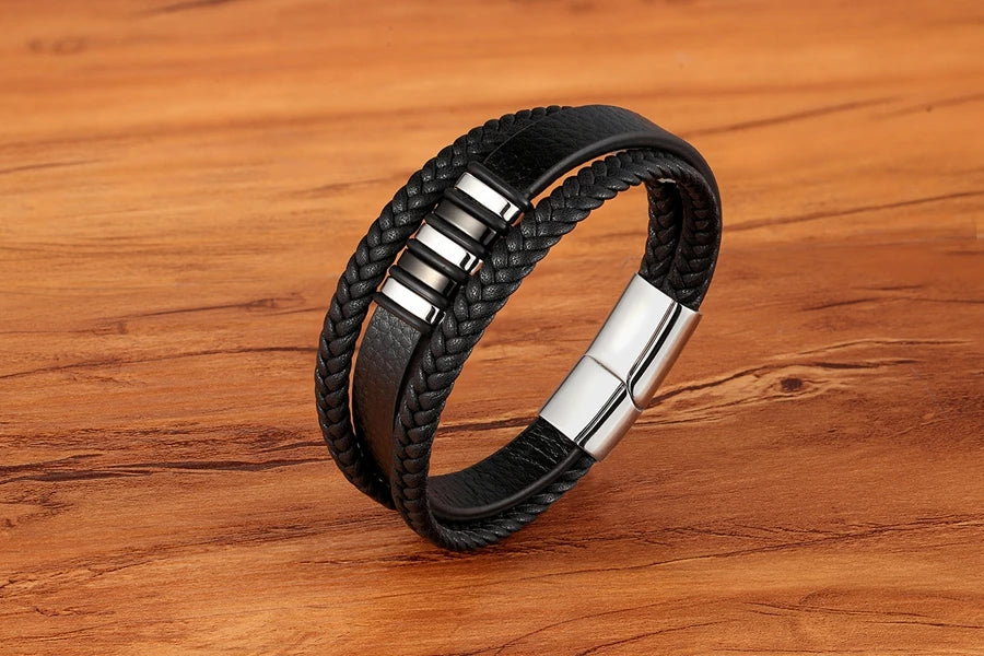 TYO Trendy Punk Rock Fashion Genuine Leather Bracelet Men Metal Stainless Steel Jewelry Magnetic Braided Vintage Dropshipping