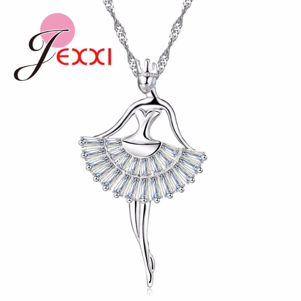 Fashion Enamel Dance BALLET Girl Fairy Angel Necklace Chain Pendant 925 Sterling Silver Fashion Cubic Zirconia Jewelry