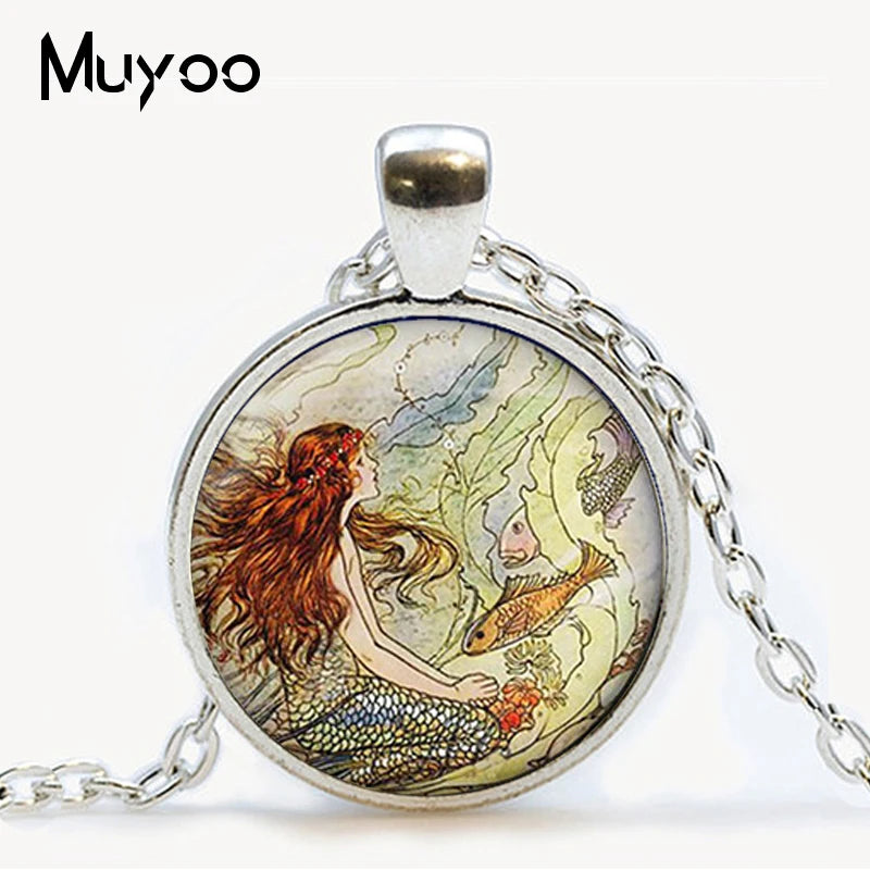 Fairy pendant necklace girl on bubble picture glass cabochon pendant necklace Mermaid Fashion chain neckless women jewelry
