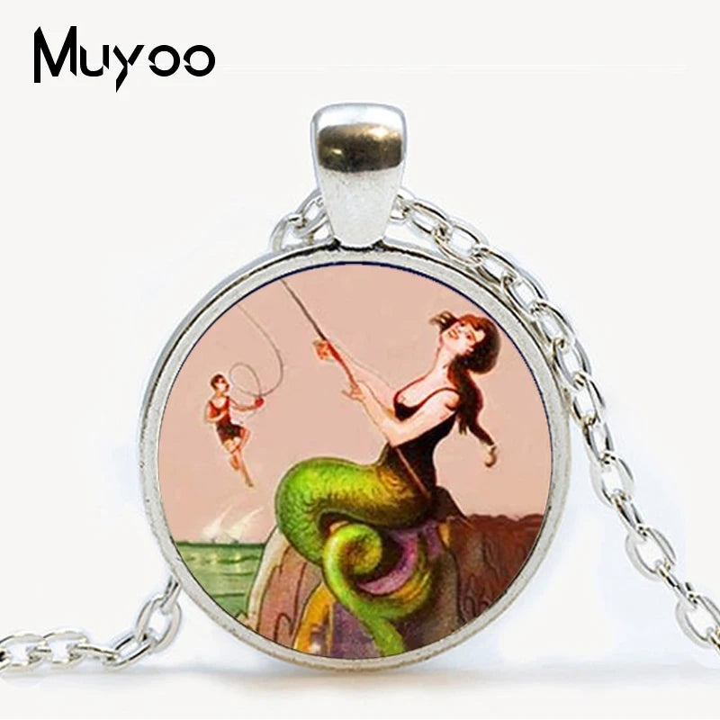 Fairy pendant necklace girl on bubble picture glass cabochon pendant necklace Mermaid Fashion chain neckless women jewelry