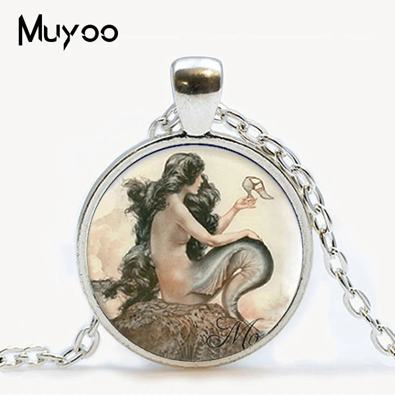 Fairy pendant necklace girl on bubble picture glass cabochon pendant necklace Mermaid Fashion chain neckless women jewelry