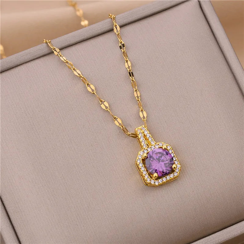Sweet Zircon Crystal Pendant Necklace For Women Korean Fashion Stainless Steel Clavicle Chain Jewelry Female Wedding Accessories