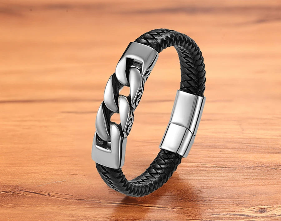 TYO Trendy Punk Rock Fashion Genuine Leather Bracelet Men Metal Stainless Steel Jewelry Magnetic Braided Vintage Dropshipping