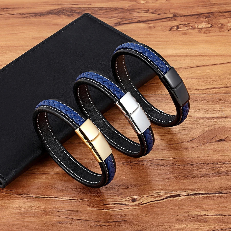 TYO Trendy Punk Rock Fashion Genuine Leather Bracelet Men Metal Stainless Steel Jewelry Magnetic Braided Vintage Dropshipping