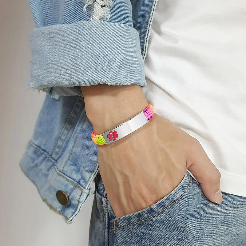 Customized Engraving Medical Alert ID Bracelet Women Men Nylon Handmade Braided Awareness Bracelets Rainbow Black Optional