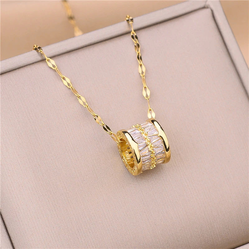 Sweet Zircon Crystal Pendant Necklace For Women Korean Fashion Stainless Steel Clavicle Chain Jewelry Female Wedding Accessories
