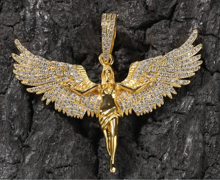 European and American Retro Unisex Style Gold Diamond Angel wings Male and Female Rap Hip Hop Necklace