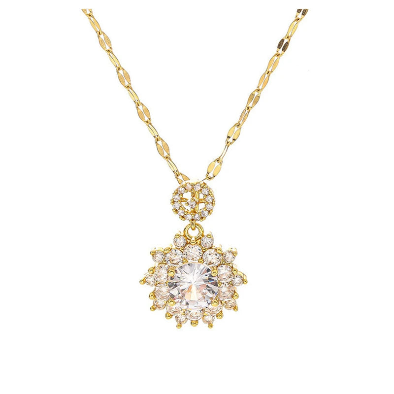 Sweet Zircon Crystal Pendant Necklace For Women Korean Fashion Stainless Steel Clavicle Chain Jewelry Female Wedding Accessories