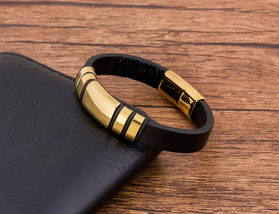 TYO Trendy Punk Rock Fashion Genuine Leather Bracelet Men Metal Stainless Steel Jewelry Magnetic Braided Vintage Dropshipping